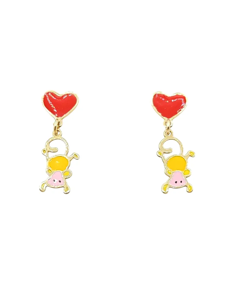 Orecchini Pendenti Bambina Casella Gioielli in Oro Giallo con Cuori e Scimmiette Smaltate