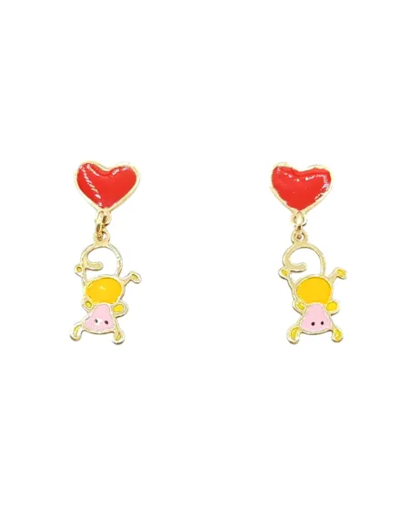 Orecchini Pendenti Bambina Casella Gioielli in Oro Giallo con Cuori e Scimmiette Smaltate