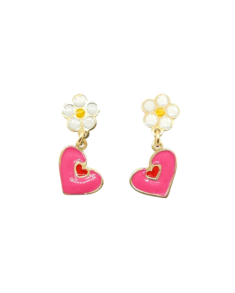 Casella Gioielli Yellow Gold Pendant Earrings for Girls with Enamelled Flowers and Hearts