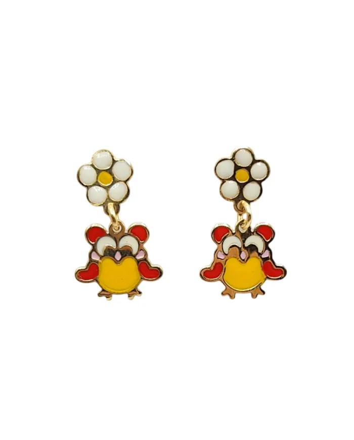 Boucles d'oreilles pendantes en or jaune Casella Gioielli pour filles avec fleurs et hiboux émaillés