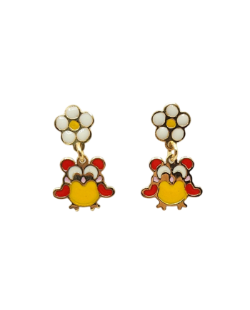 Casella Gioielli Yellow Gold Pendant Earrings for Girls with Enamelled Flowers and Owls