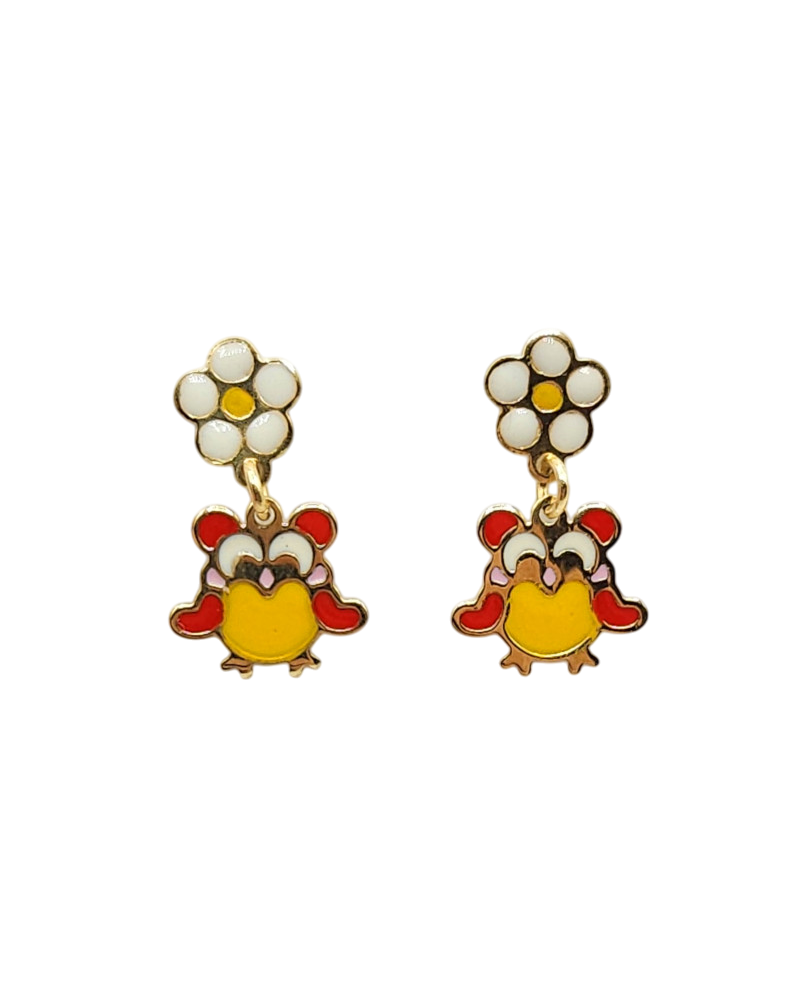 Casella Gioielli Yellow Gold Pendant Earrings for Girls with Enamelled Flowers and Owls