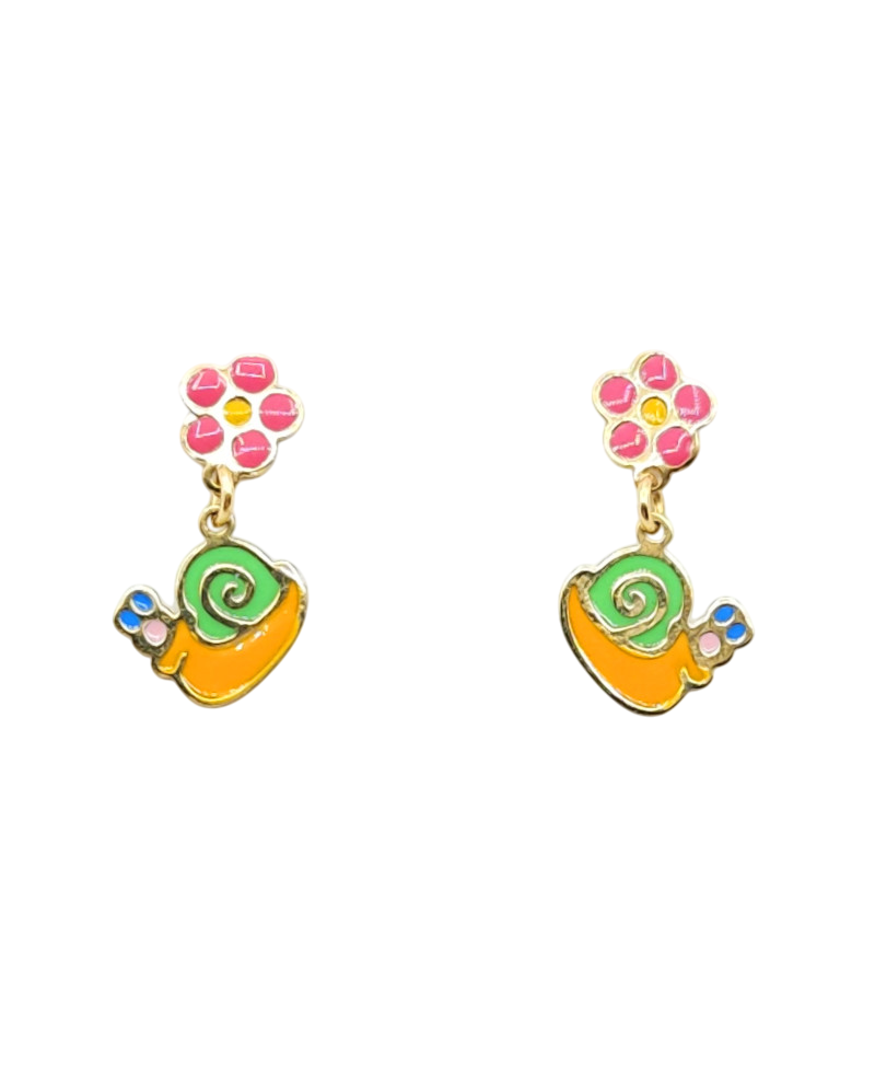 Boucles d'oreilles pendantes en or jaune Casella Gioielli pour filles avec fleurs et escargots émaillés