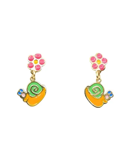 Casella Gioielli Yellow Gold Pendant Earrings for Girls with Enamelled Flowers and Snails