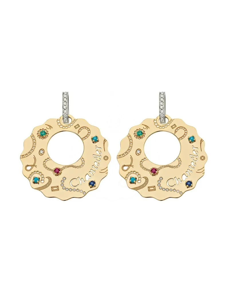 Boucles d'oreilles moyennes Chantecler Suamèm en or avec pierres précieuses et diamants