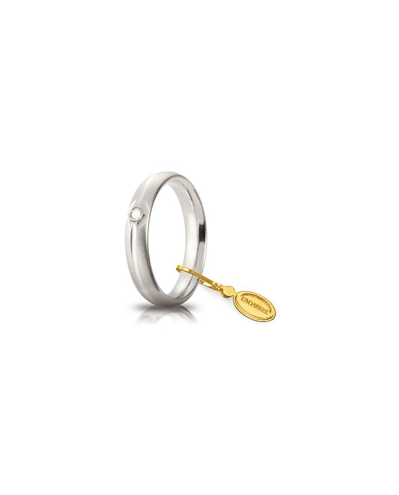 Fede Nuziale Unoaerre Comoda Satinata in Oro Bianco 4 mm con Diamante