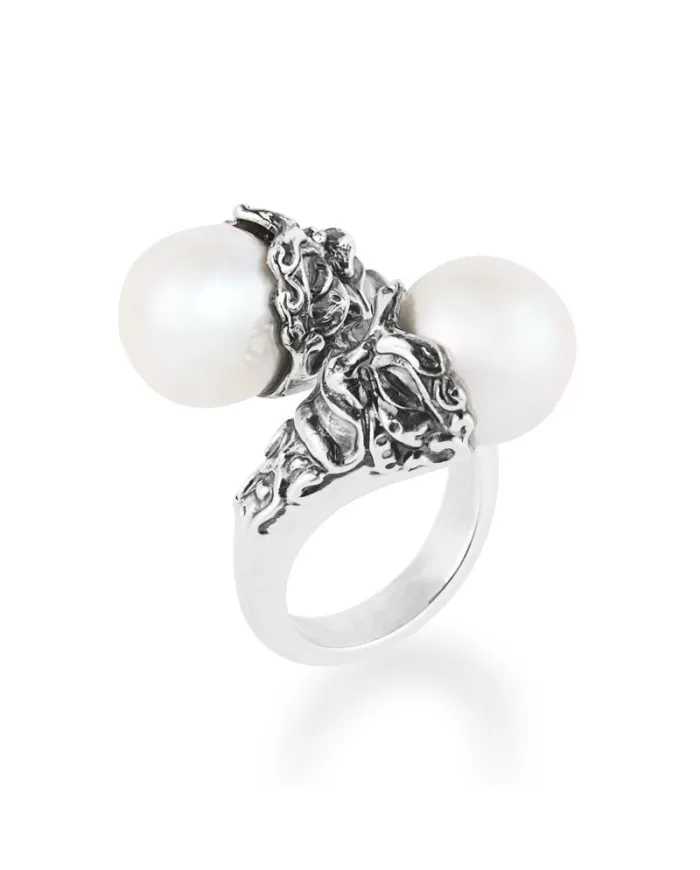 Bague Contrarié Gerardo Sacco en argent avec perles et masques