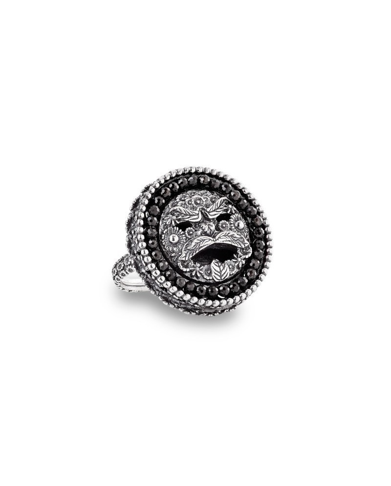 Gerardo Sacco Silver Ring with Mask and Black Stones
