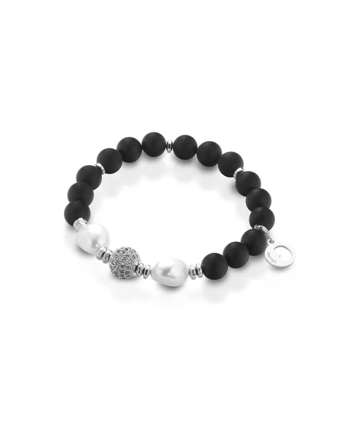 Bracciale elastico Coscia in argento,perle bianche,onice nera e ematite