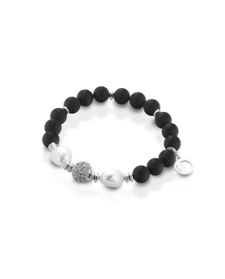 Bracelet élastique Coscia en argent, perles blanches, onyx noir et hématite