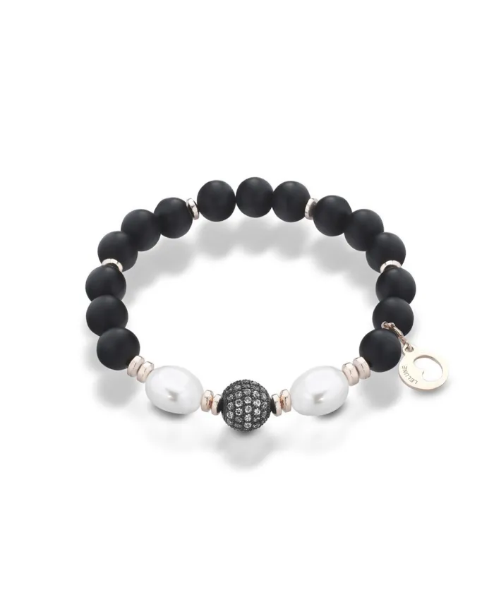 Coscia elastic bracelet in silver, white pearls, black onyx and hematite