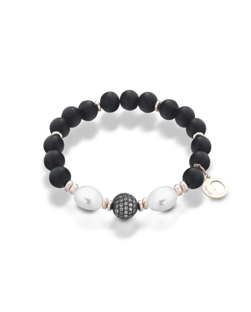 Bracciale elastico Coscia in argento,perle bianche,onice nera e ematite