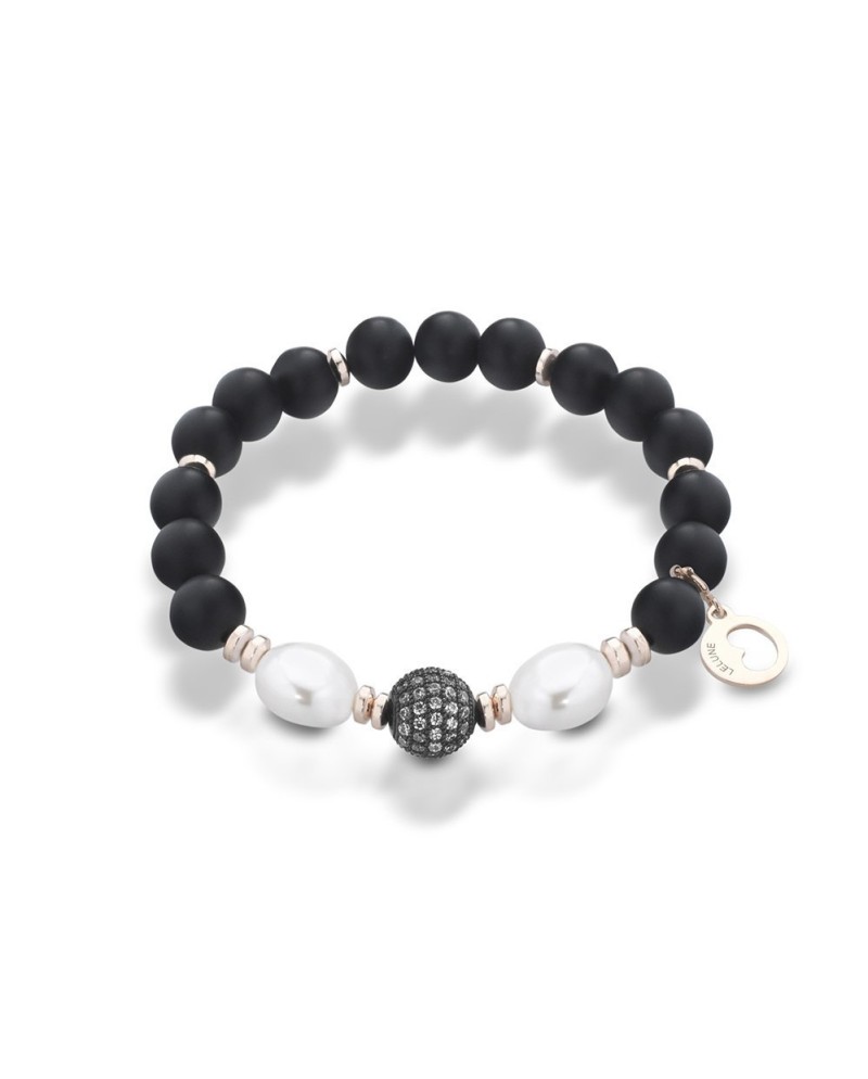 Coscia elastic bracelet in silver, white pearls, black onyx and hematite