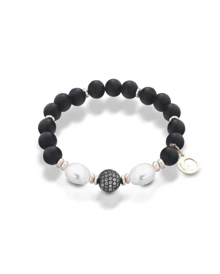 Bracciale elastico Coscia in argento,perle bianche,onice nera e ematite