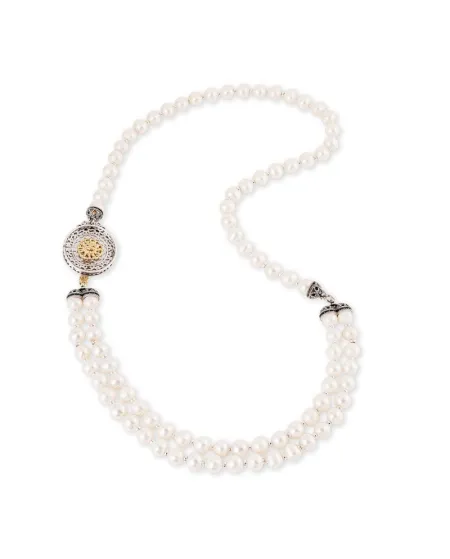 Collier Gerardo Sacco avec perles et soleil en argent plaqué or