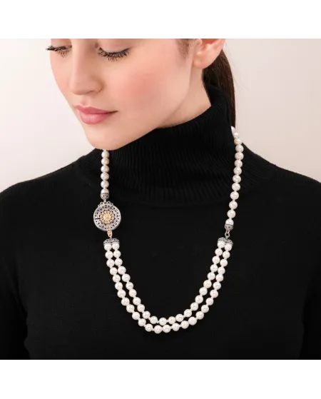 Collier Gerardo Sacco avec perles et soleil en argent plaqué or