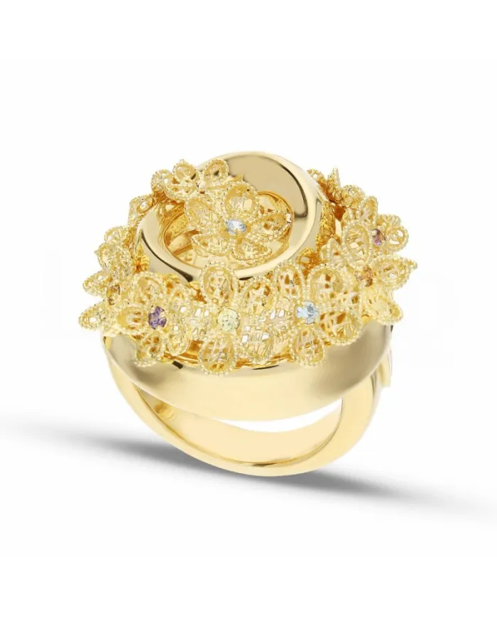 Anello Casella Gioielli Floreale in Oro Giallo con Pietre