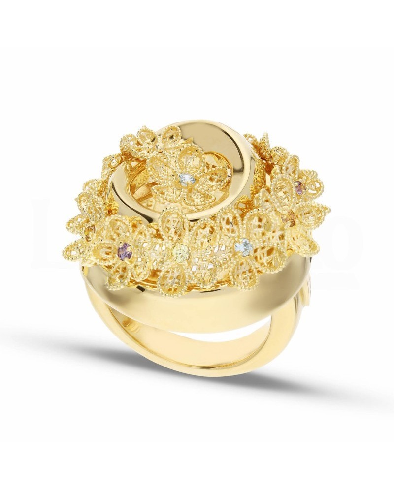 Anello Casella Gioielli Floreale in Oro Giallo con Pietre
