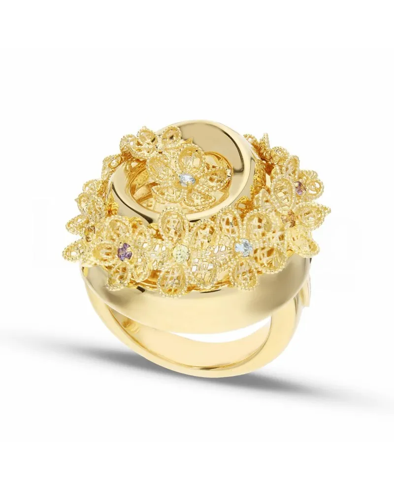 Anello Casella Gioielli Floreale in Oro Giallo con Pietre