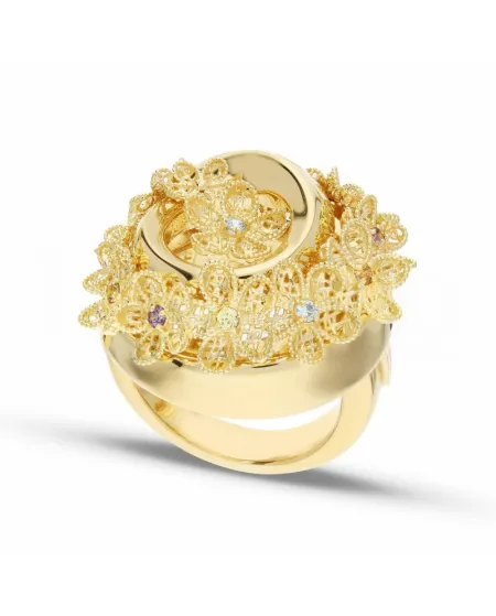 Casella Gioielli Floral Ring in Yellow Gold with Stones