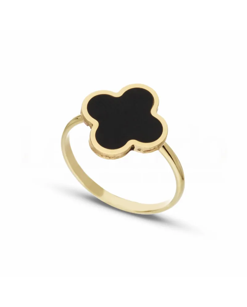 Casella Gioielli Yellow Gold Four Leaf Clover Ring with Onyx