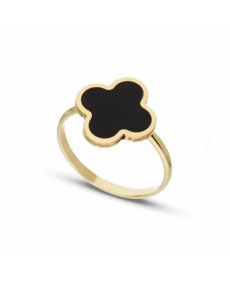 Casella Gioielli Yellow Gold Four Leaf Clover Ring with Onyx