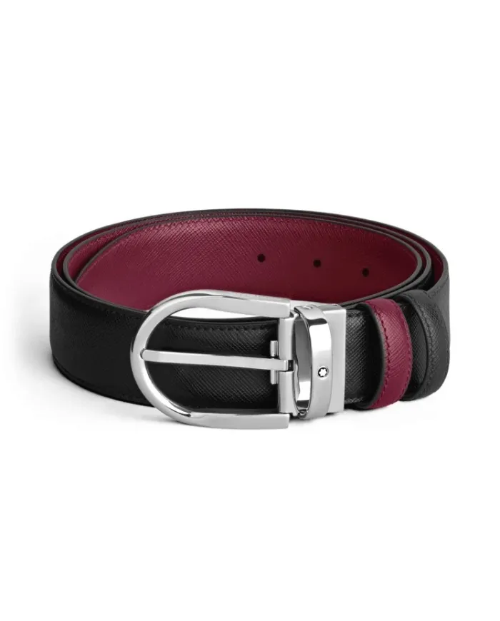 Cintura Montblanc in Pelle Reversibile Nera/Cassis con Fibbia a Ferro di Cavallo 35 mm