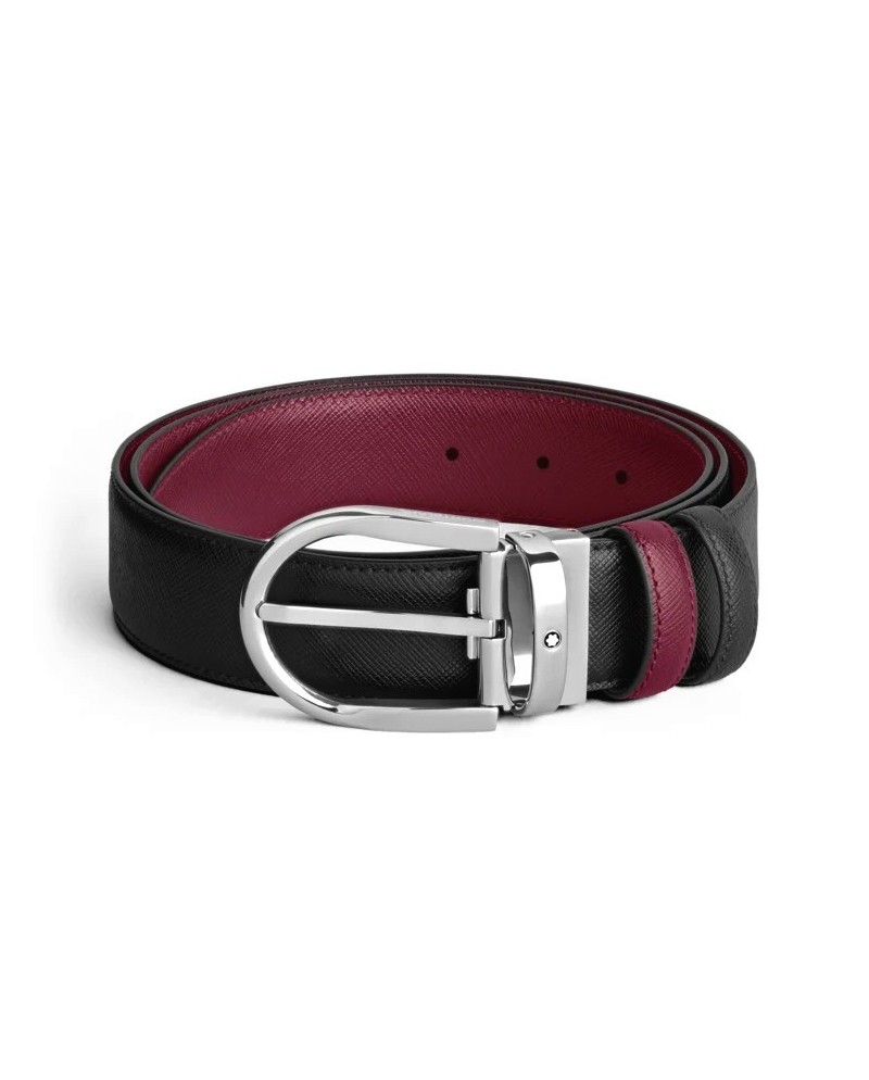 Ceinture Montblanc réversible en cuir noir/cassis avec boucle fer à cheval 35 mm