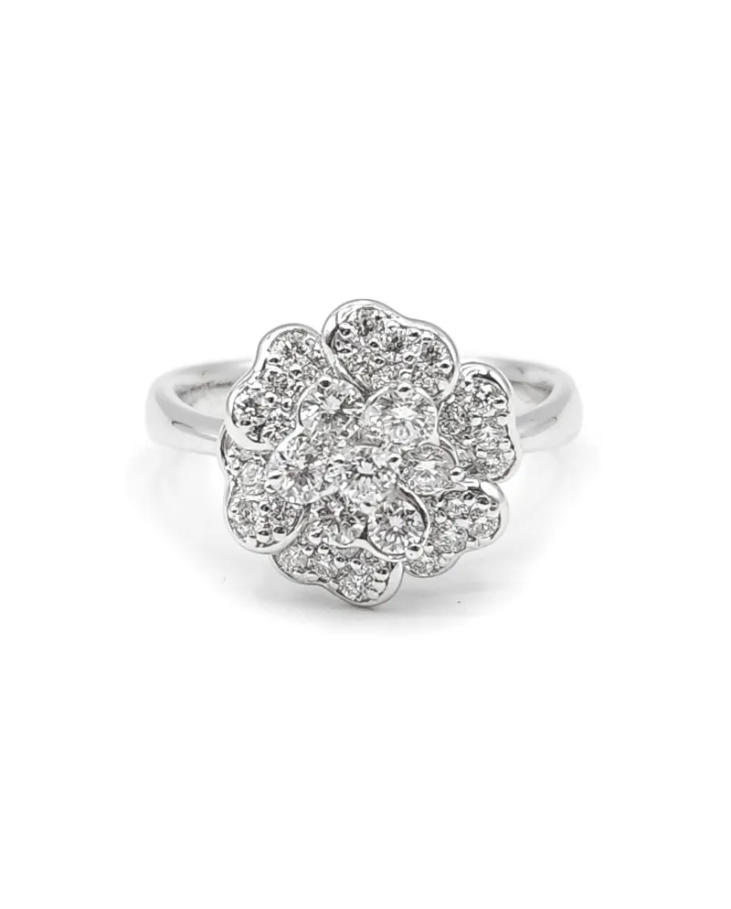 Anello Leo Pizzo in Oro Bianco con Fiore e Diamanti Bianchi