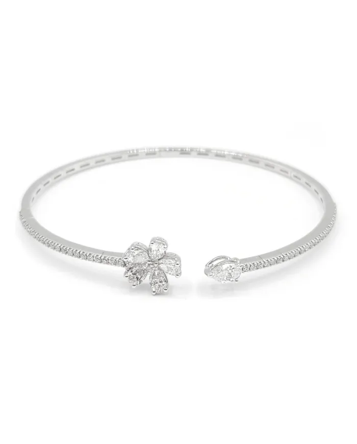 Bracciale Rigido Leo Pizzo in Oro Bianco con Diamanti Diamanti e Fiore