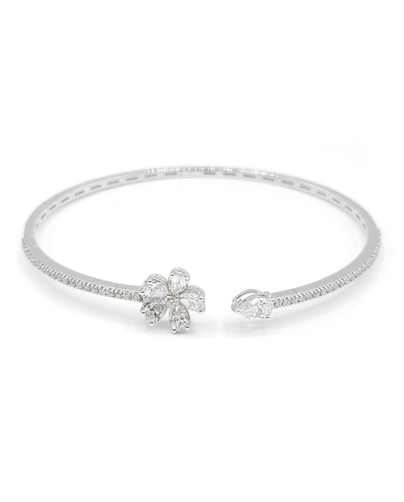 Bracelet rigide Leo Lace en or blanc avec diamants et fleur