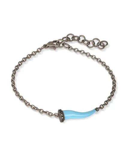 Bracciale MANO|J Charms in Titanio con Cornetto Azzurro e Diamanti Neri