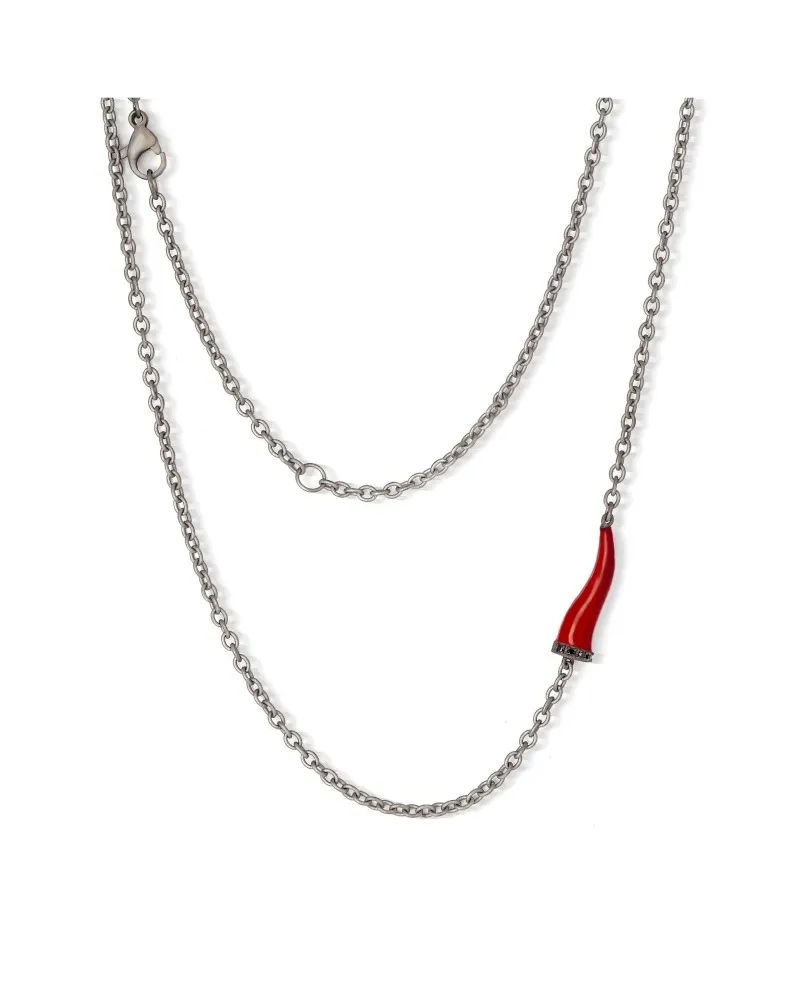 MANO|J Charms Titanium Necklace with Red Horn and Black Diamonds
