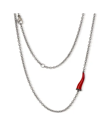 MANO|J Charms Titanium Necklace with Red Horn and Black Diamonds