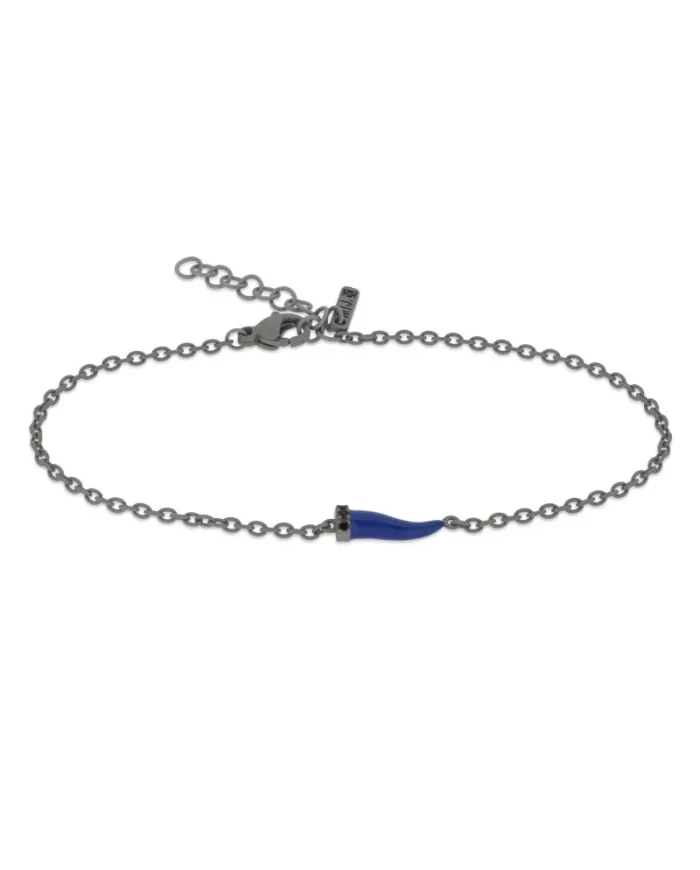 Bracciale MANO|J Charms in Titanio con Cornetto Blu Avio Piccolo e Diamanti Neri