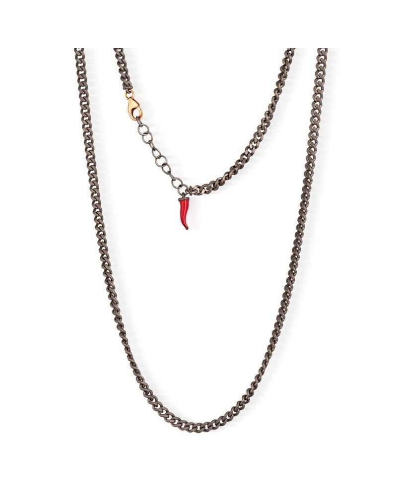 MANO|J Titanium Groumette Necklace with Red Horn Pendant and Gold