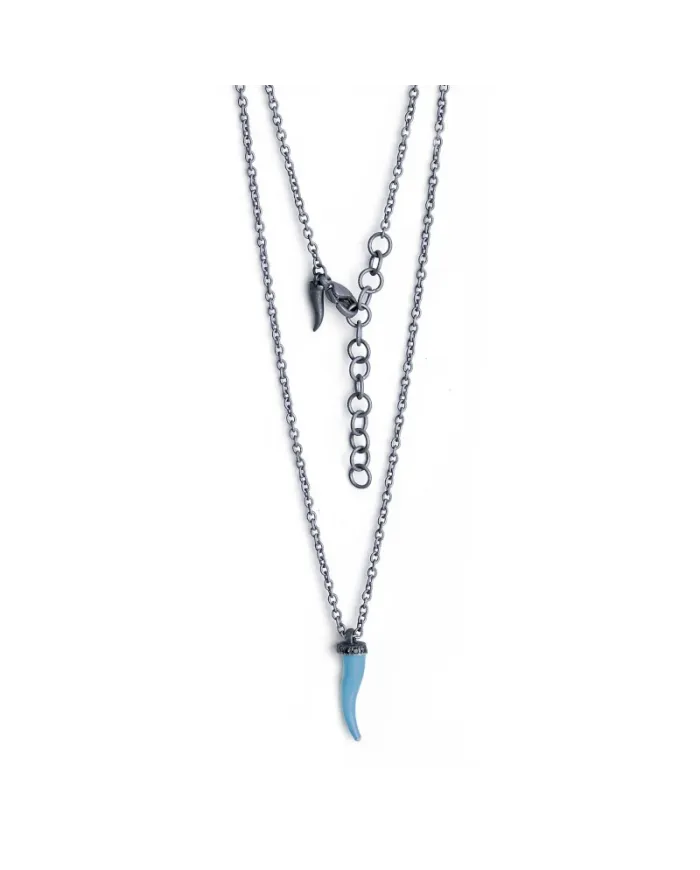 MANO|J Charms Titanium Necklace with Blue Horn and Black Diamonds