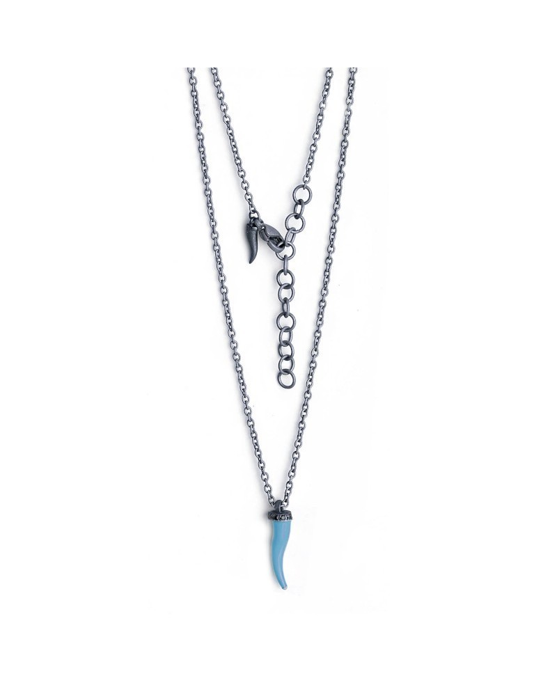 MANO|J Charms Titanium Necklace with Blue Horn and Black Diamonds