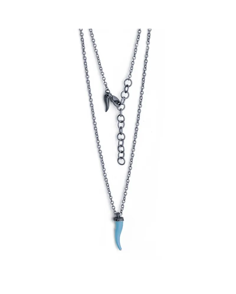 MANO|J Charms Titanium Necklace with Blue Horn and Black Diamonds