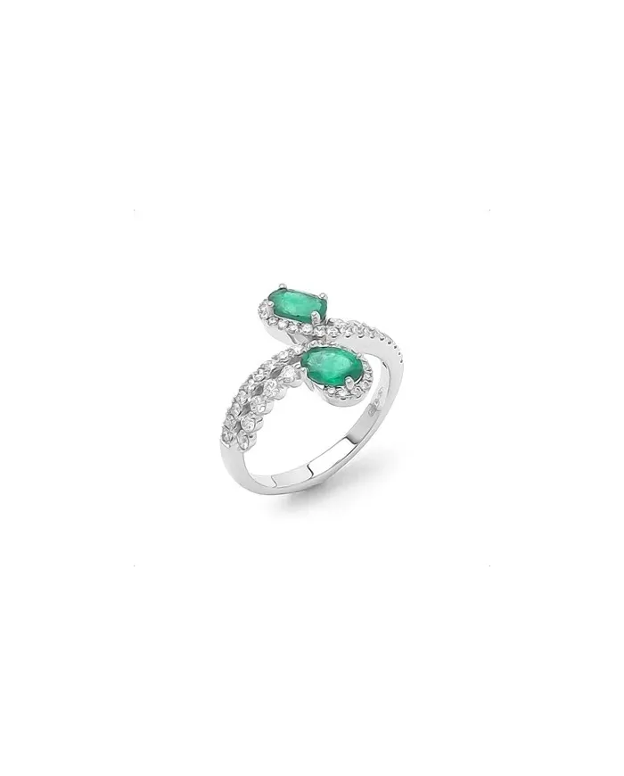 Contrarié Ponte Vecchio Benvenuto Ring in White Gold with Diamonds and Emeralds