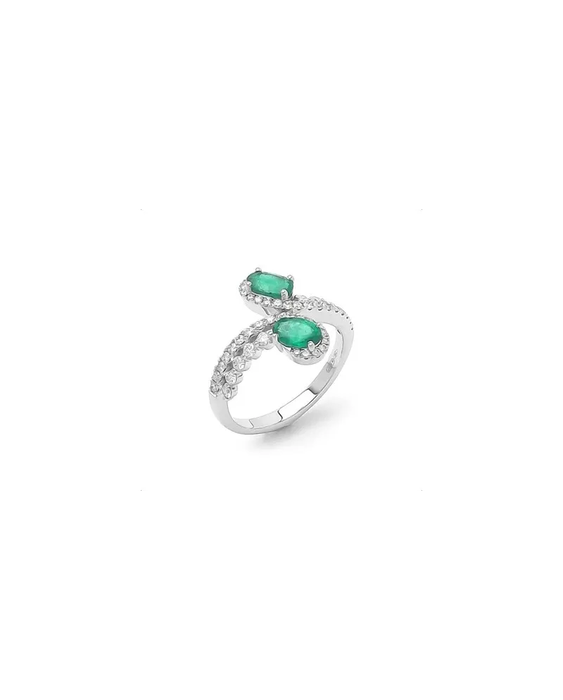 Anello Contrarié Ponte Vecchio Benvenuto in Oro Bianco con Diamanti e Smeraldi