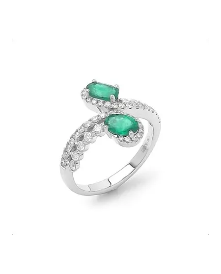 Anello Contrarié Ponte Vecchio Benvenuto in Oro Bianco con Diamanti e Smeraldi