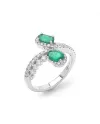 Anello Contrarié Ponte Vecchio Benvenuto in Oro Bianco con Diamanti e Smeraldi