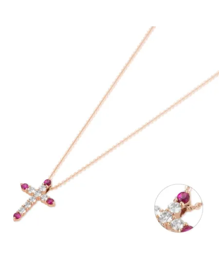 Collana con Croce Ponte Vecchio Benvenuto in Oro con Diamanti e Rubini