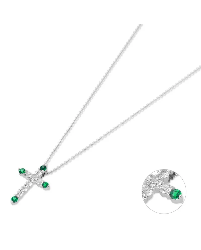 Collana con Croce Ponte Vecchio Benvenuto in Oro Bianco con Diamanti e Smeraldi