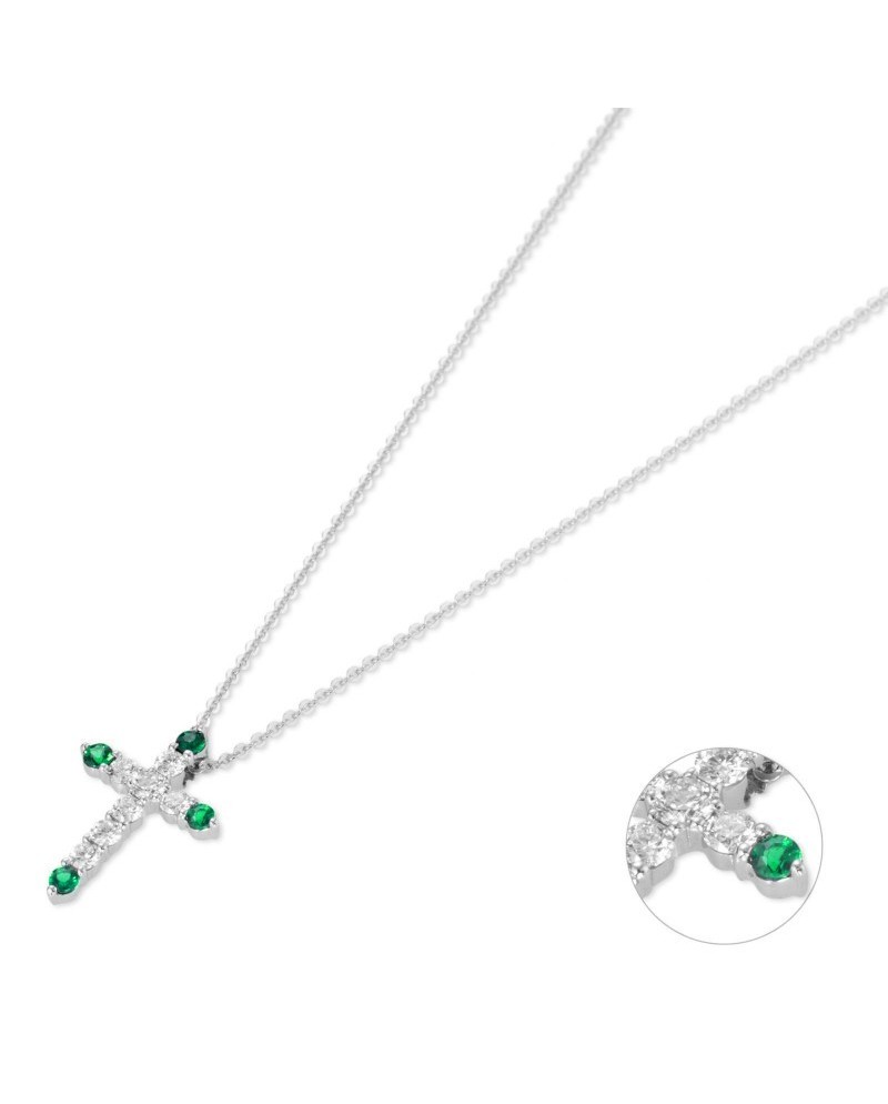 Ponte Vecchio Benvenuto Cross Necklace in White Gold with Diamonds and Emeralds