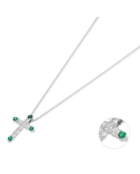 Collana con Croce Ponte Vecchio Benvenuto in Oro Bianco con Diamanti e Smeraldi