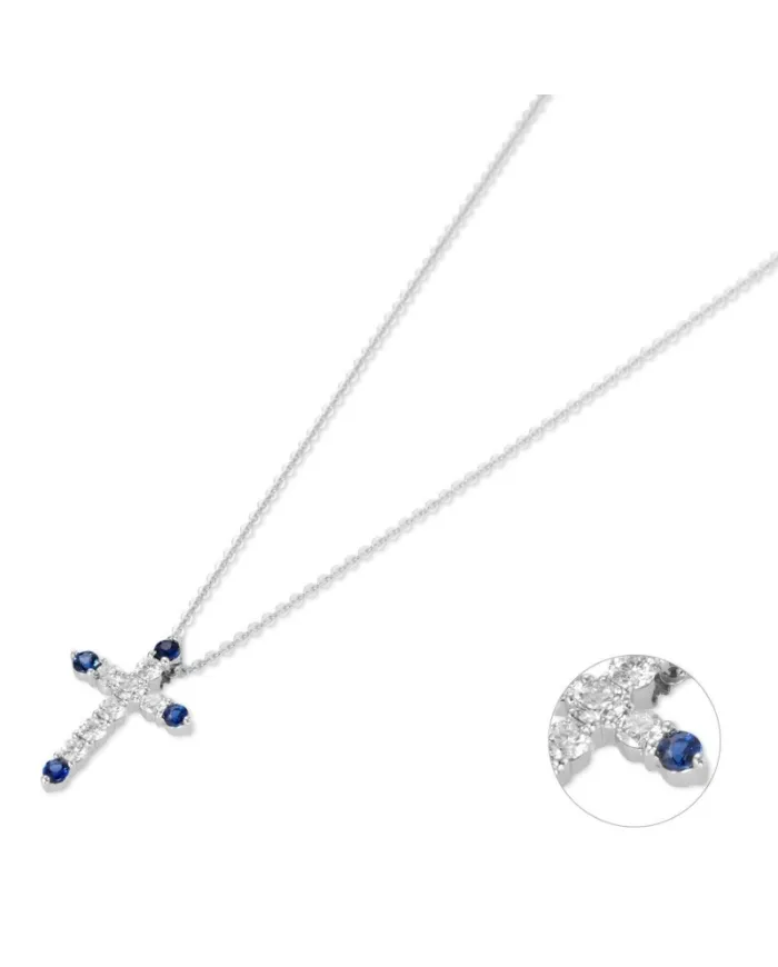 Ponte Vecchio Benvenuto Cross Necklace in White Gold with Diamonds and Sapphires
