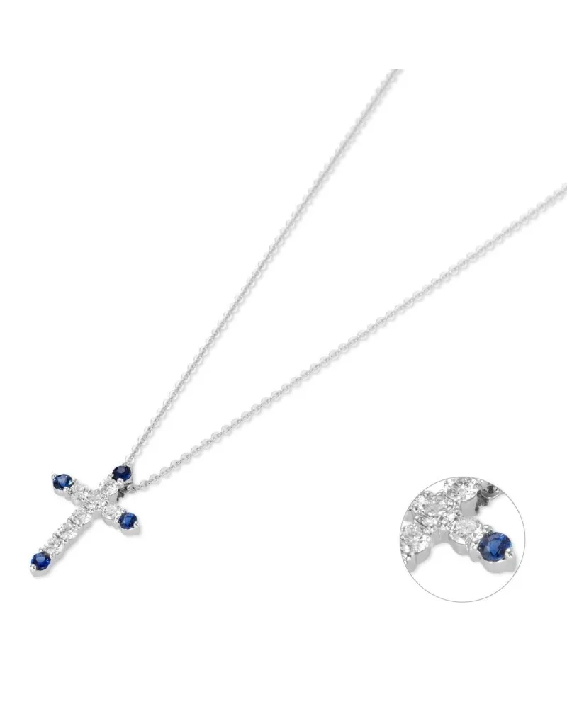 Collana con Croce Ponte Vecchio Benvenuto in Oro Bianco con Diamanti e Zaffiri