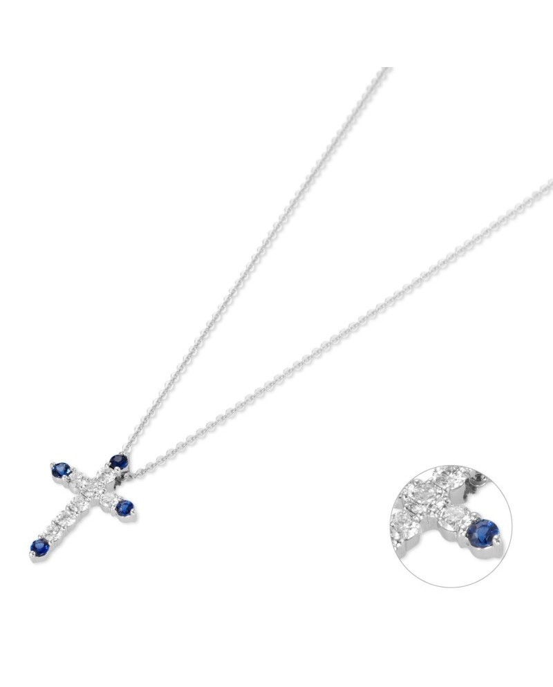 Ponte Vecchio Benvenuto Cross Necklace in White Gold with Diamonds and Sapphires